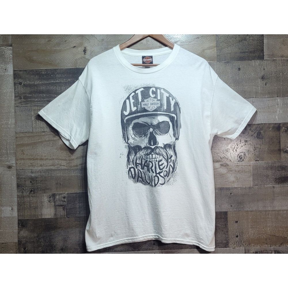 Harley-Davidson T-Shirt Men‎ Size L White Cotton Jet City Skull Graphic Seattle